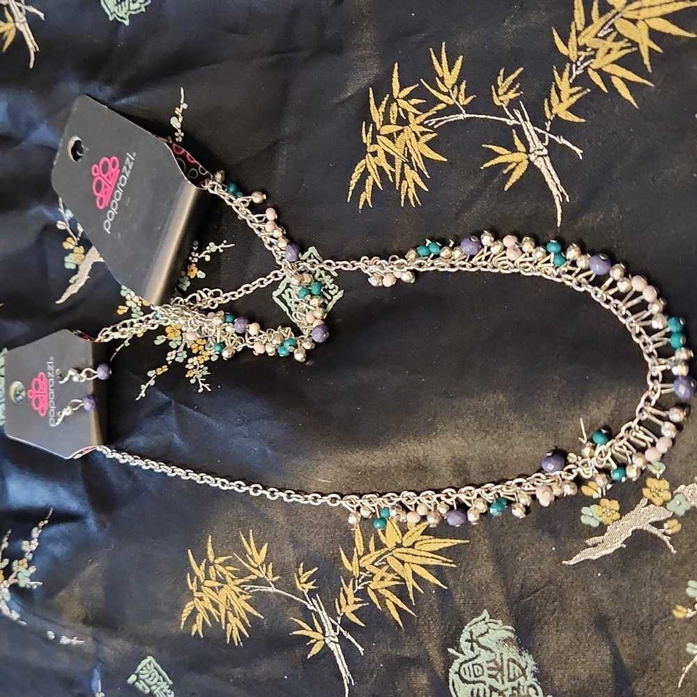 Paparazzi Silver Necklace & Bracelet with green, blue and grey beads